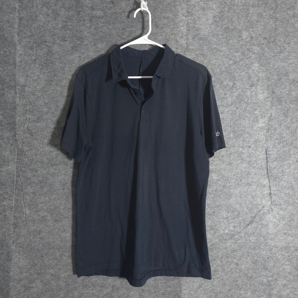 Lululemon Polo Shirt Mens Medium Navy Blue Short Sleeve Boat Bike Fish Explore!
